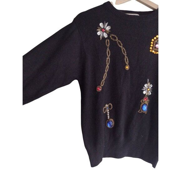 Vintage Embellished Wool Sweater M Hasting Smith Black Jeweled Crewneck Pullover - Picture 4 of 7
